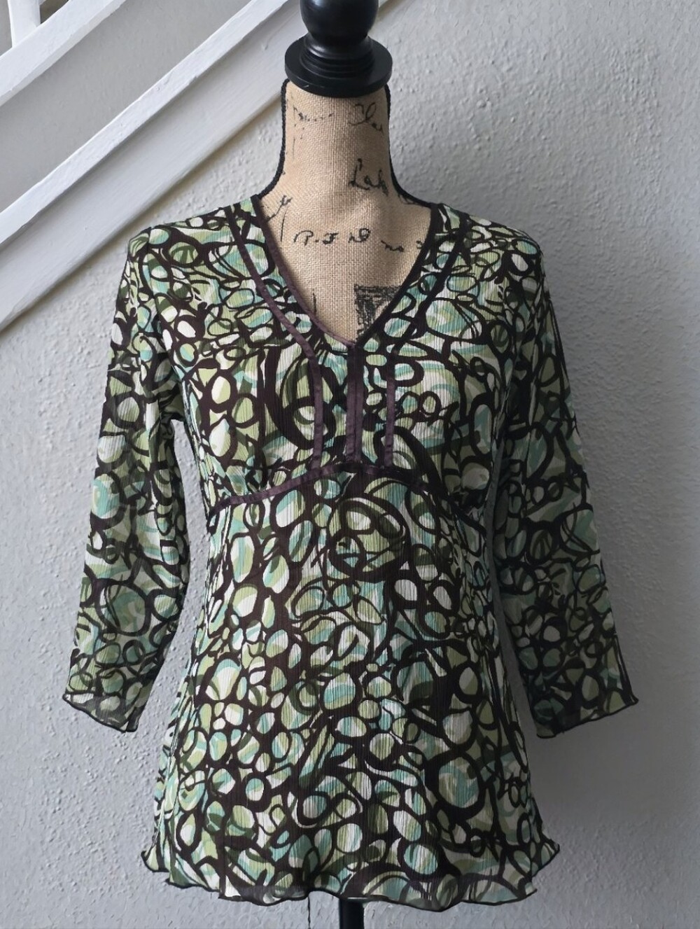 Vintage Notations Green Brown Abstract Mesh Top Fairycore Whimsigoth Small